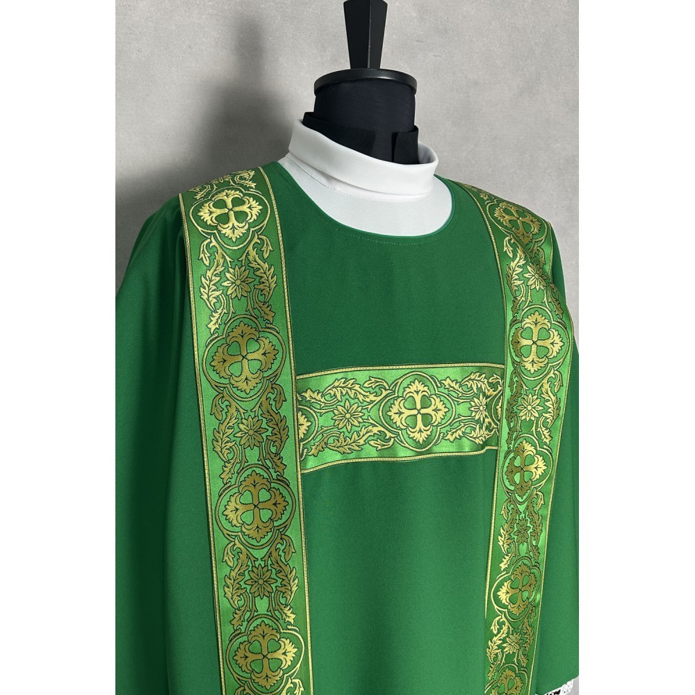 Two deacon Dalmatics + chasuble, open sides, green plain fabric, orphrey