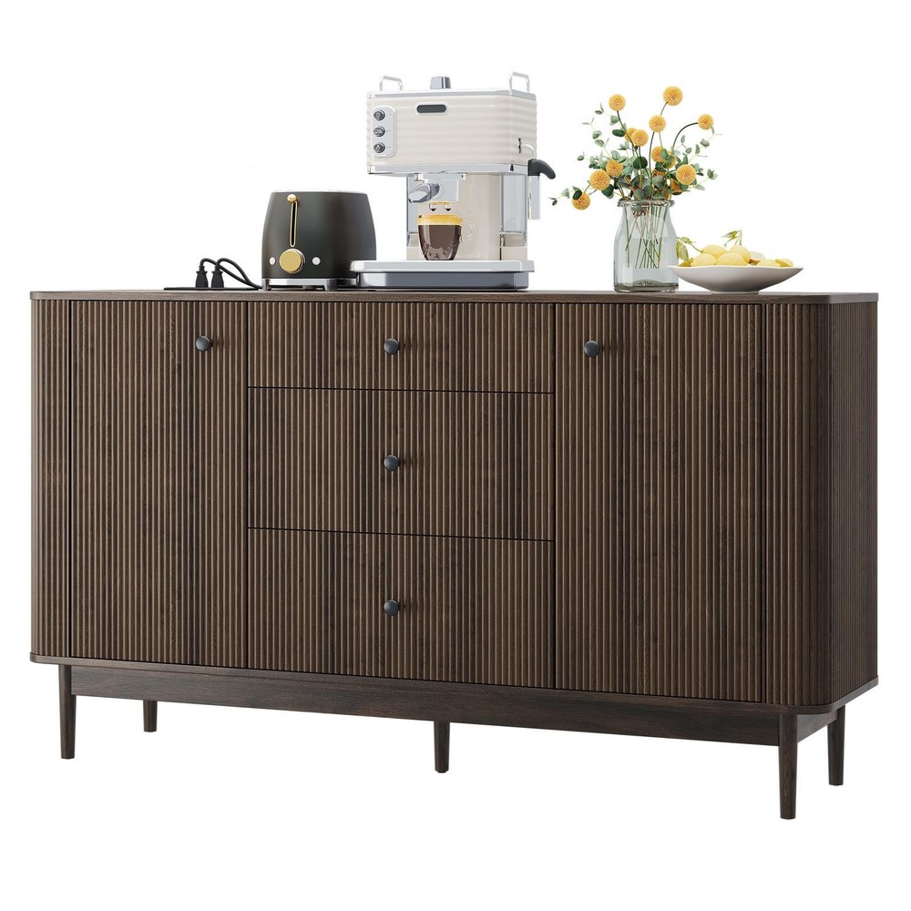Sideboard Buffet Cabinet with Storage,60'' Walnut Fluted Credenza Console Table