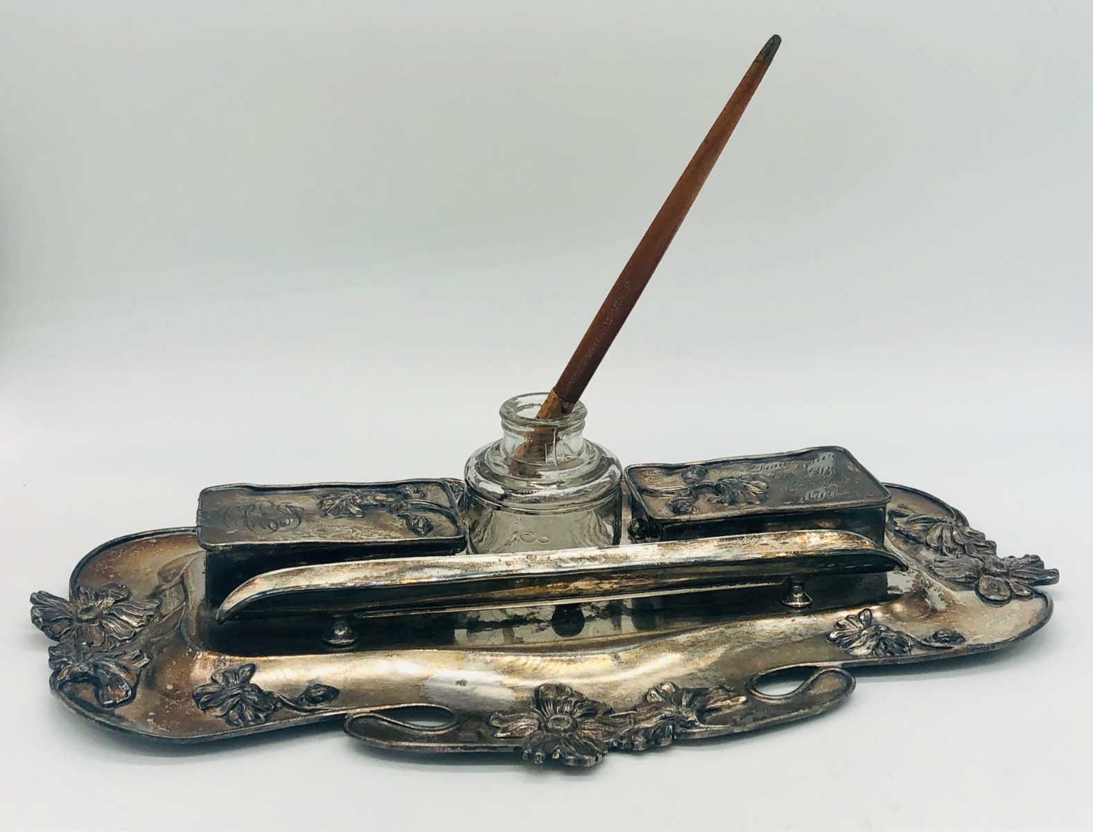 Antique 1905 Derby Silver Co. Art Nouveau Inkwell Set - Engraved #1778 - USA