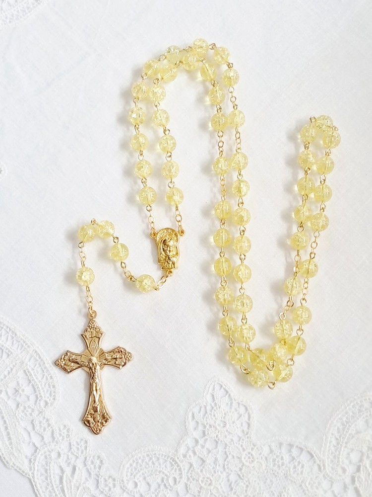 Yellow Crackle Bead Czech Glass Rosary in Gold