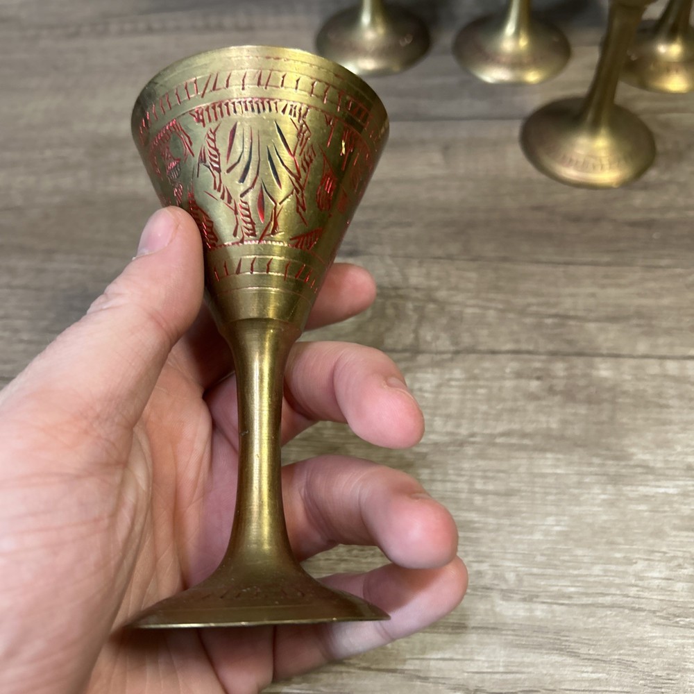 Etched Brass Wine Goblet India Table Top Decor Vintage Beware 5 Small Solid Cups