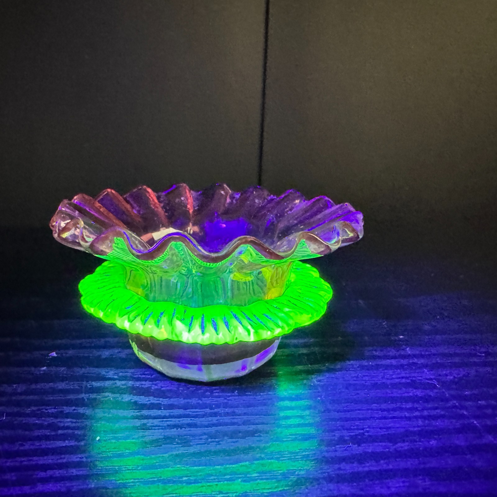 Uranium Glass Cranberry Vaseline Ruffle Open Salt Cellar Antique Victorian Era