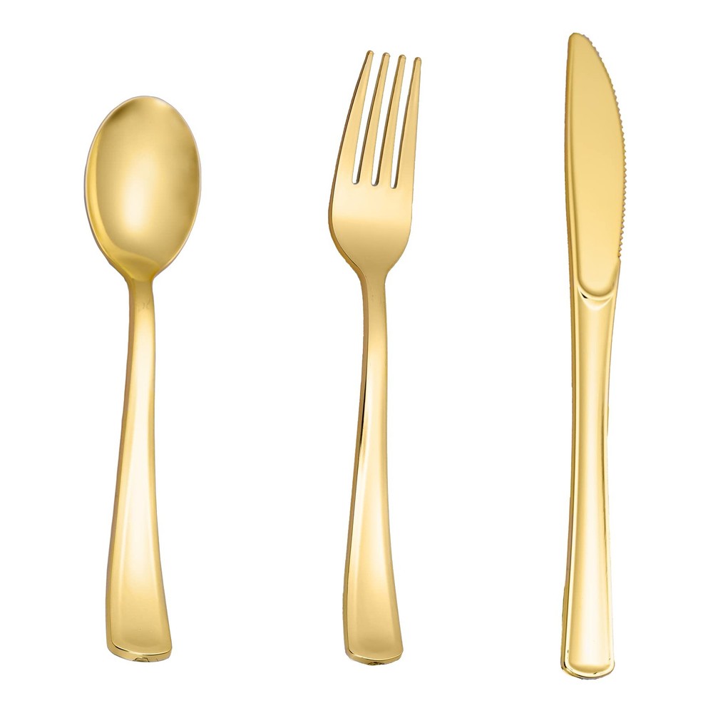 60PCS Gold Plastic Silverware  Gold Plastic Cutlery Set Disposable Flatware D...
