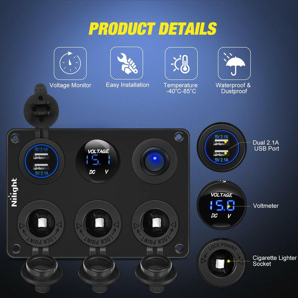 Nilight Cigarette Socket Panel Lighter Adapter w/ Dual USB Charger LED Voltmeter