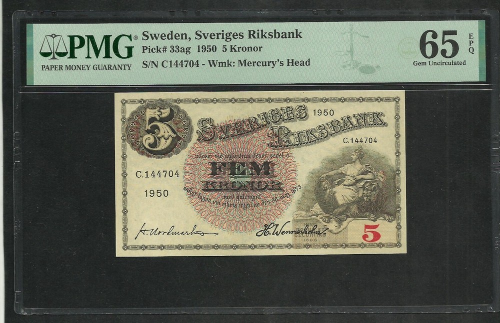 Sweden : 5 kronor 1950 ; PMG : Gem UNC 65 (Ref 2344)