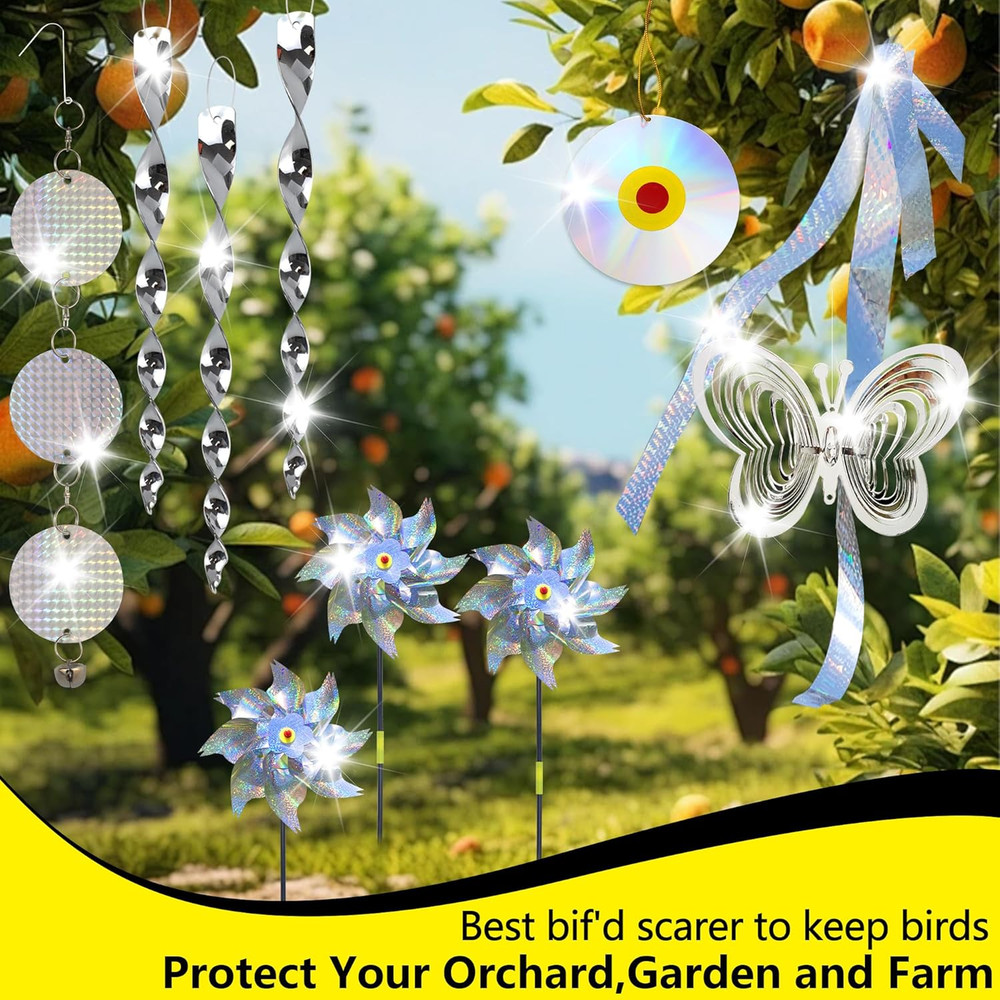 Bird Repellent Set - Includes 2 Reflective Pinwheels, 2 Butterfly Wind Spinners,
