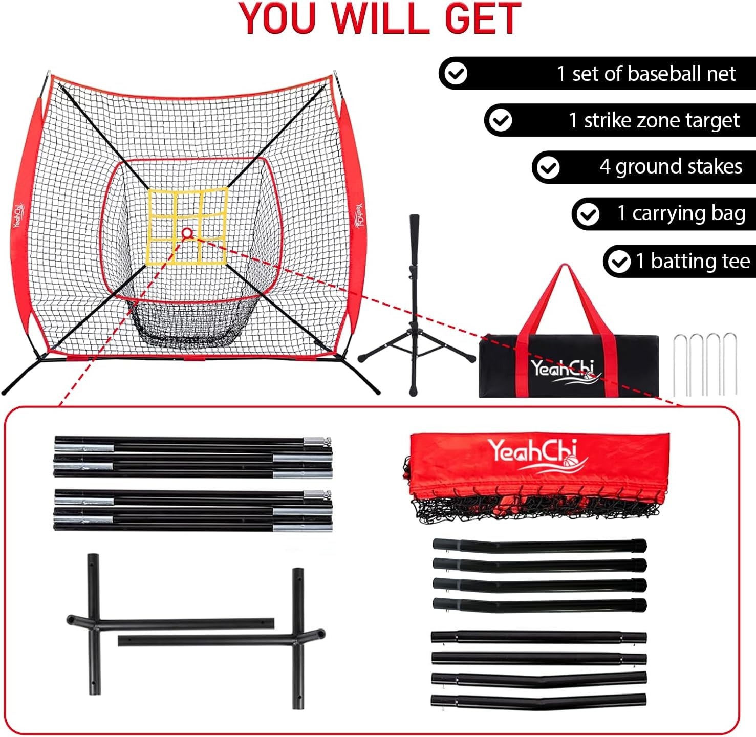 7×7FT Baseball Net with Batting Tee and Strike Zone Target, Portable Hitting ...