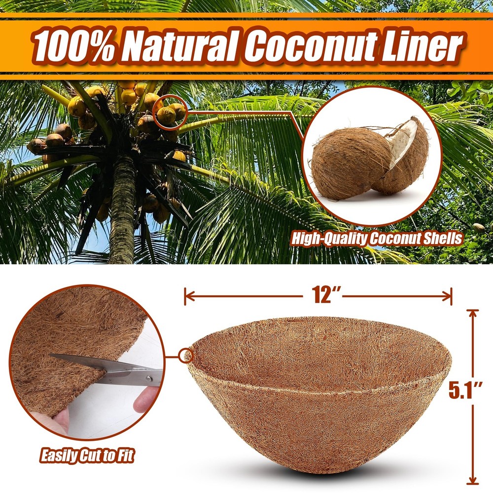 Sinimaka 12" Coco Liners for Planters, Round Hanging Basket Inserts, 6-Pack
