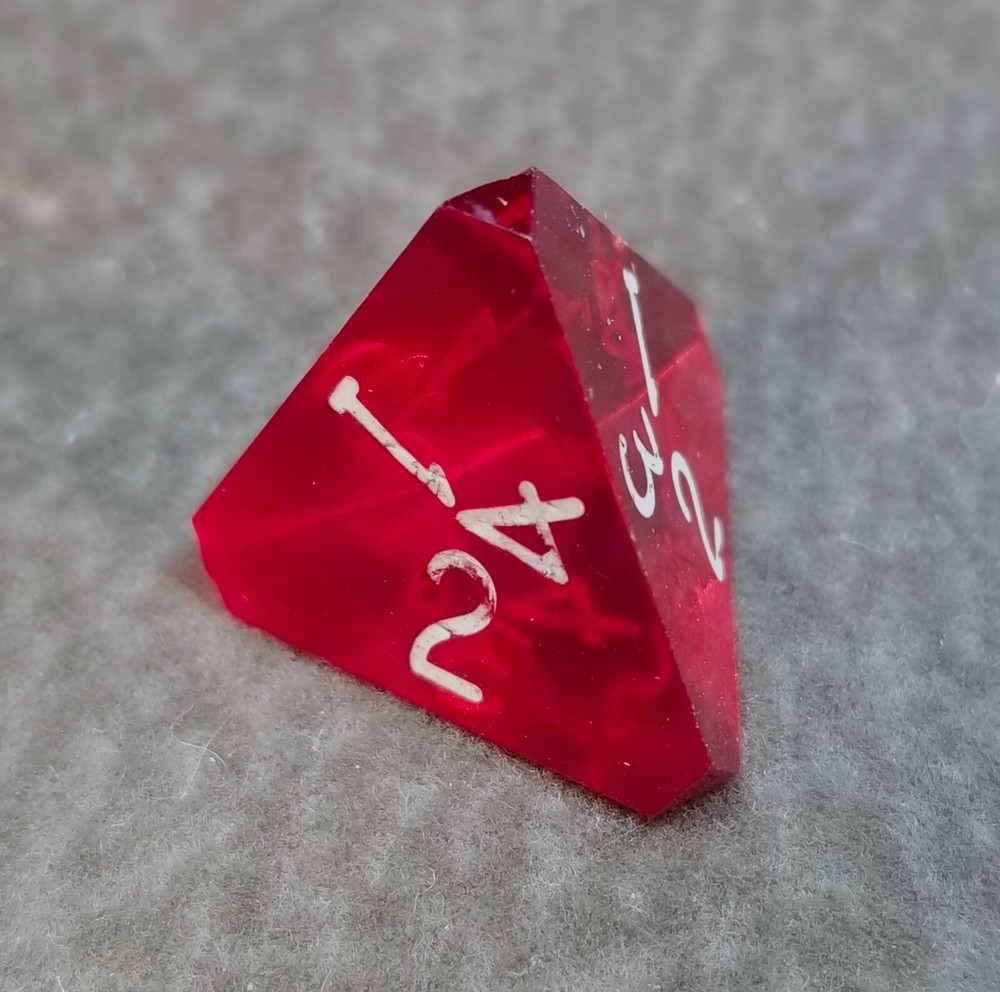Vintage Armory Ruby Red Gem D4 4-Sided Polyhedral Die RPG AD&D with White Pips