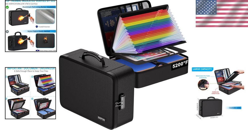 Fireproof Document Box with Lock - 5200℉ Water-Resistant Organizer, 25 Pocket...
