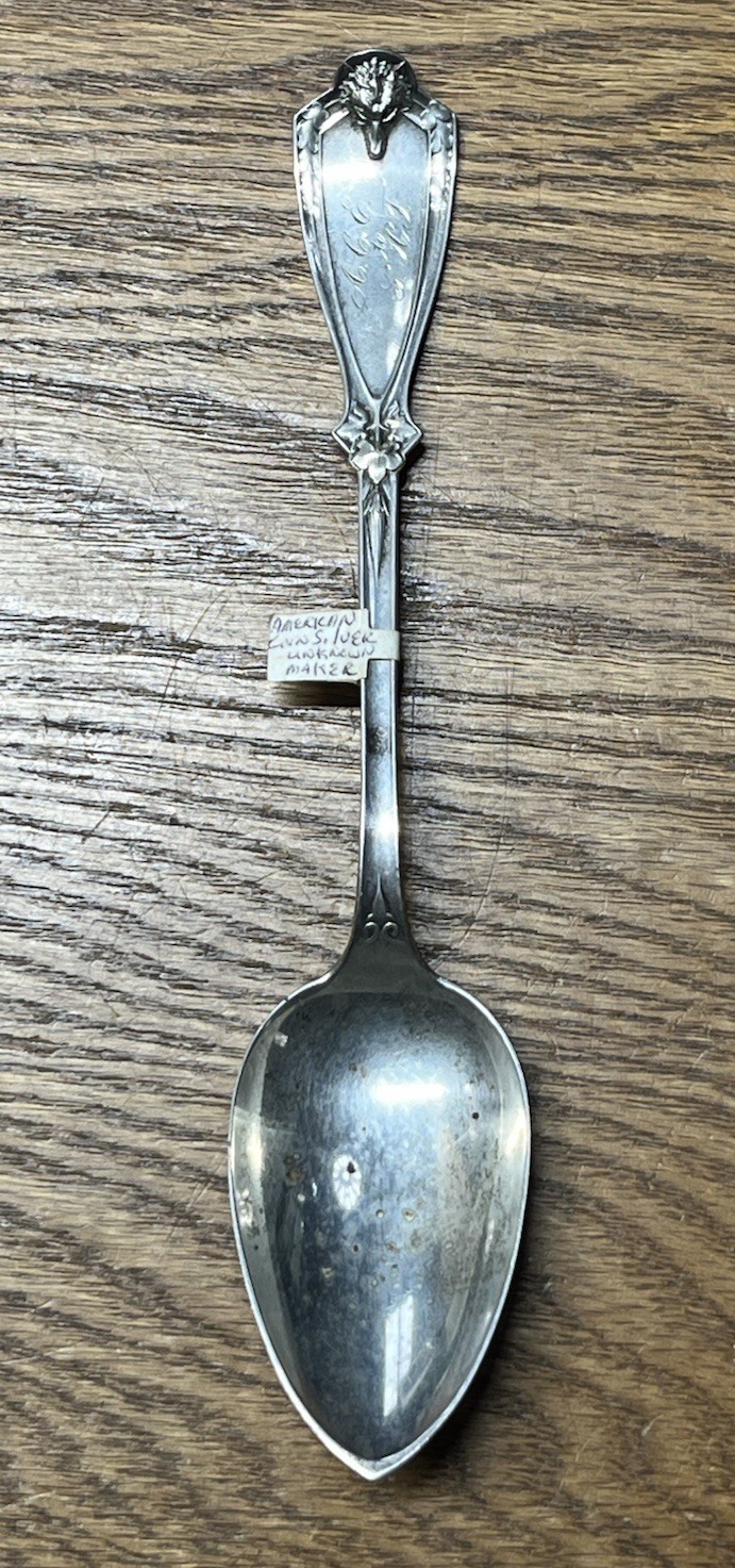 American Coin Silver Serving Tablespoon Realistic Fox Head F A B & Co Monogram