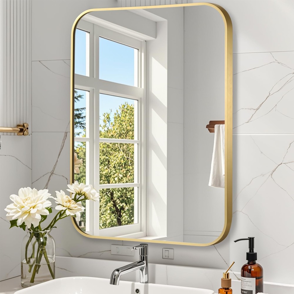 Brushed Gold Mirror, 22"x30" Rectangle Bathroom Mirror, Metal Frame Rectangle...