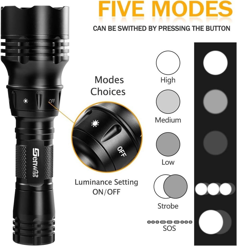 Professional Diving Flashlight - 2000 Lumen Waterproof LED with 5 Light Modes