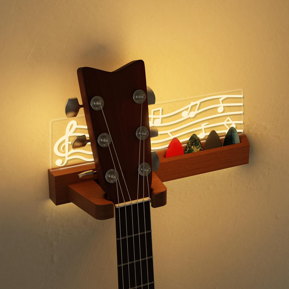 Guitar Wall Mount Stand with LED Lights - Solid Wood & Acrylic USB-Powered