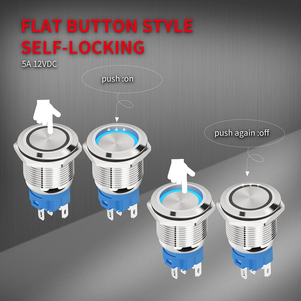 12V Latching Push Button Switch Marine Waterproof round Blue LED Pushbutton Swit