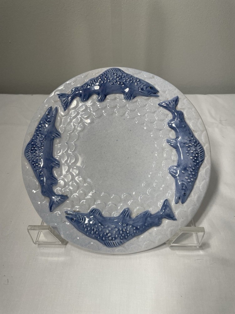 Salmon Embossed Blue & White Stoneware Trivet