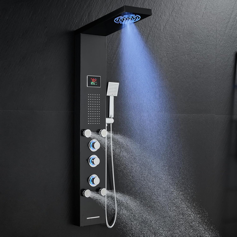 Black LED Shower Panel Tower with Rainfall, Jets, and Temp Display