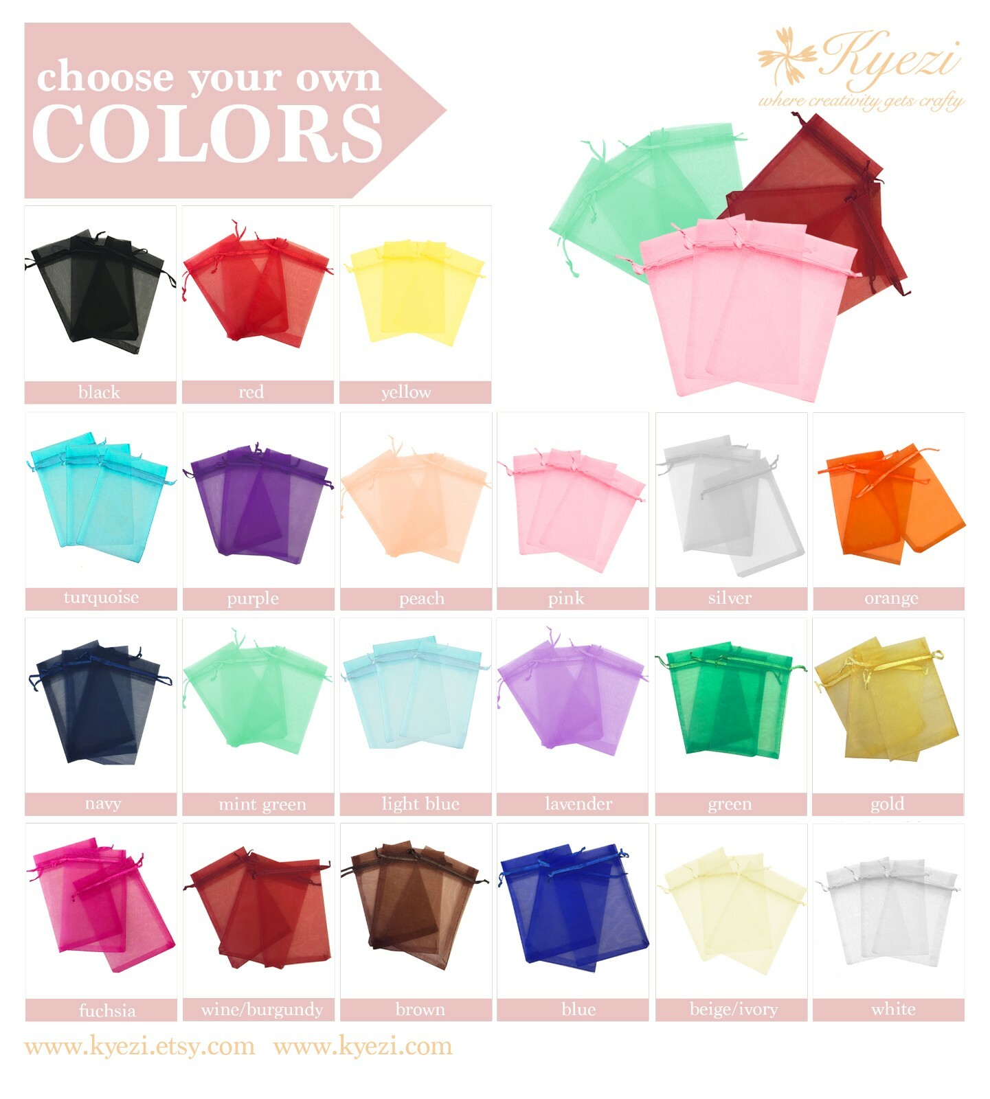 2"x3", 3"x4", 4"X6", 5"x7" Choose Your Own Colors Sheer Drawstring Organza Bags