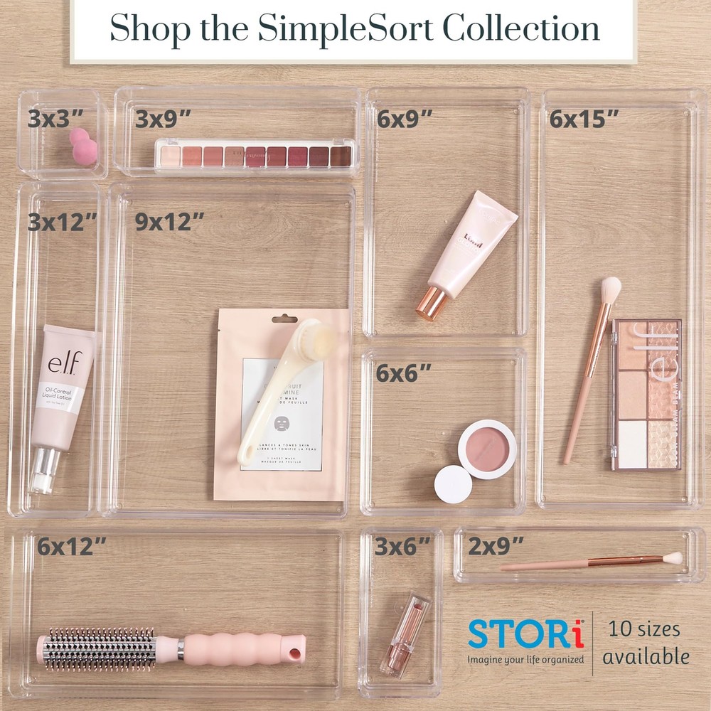 SimpleSort 2-Piece Stackable Clear Drawer Organizer Set | 12" x 9" x 2" Recta...