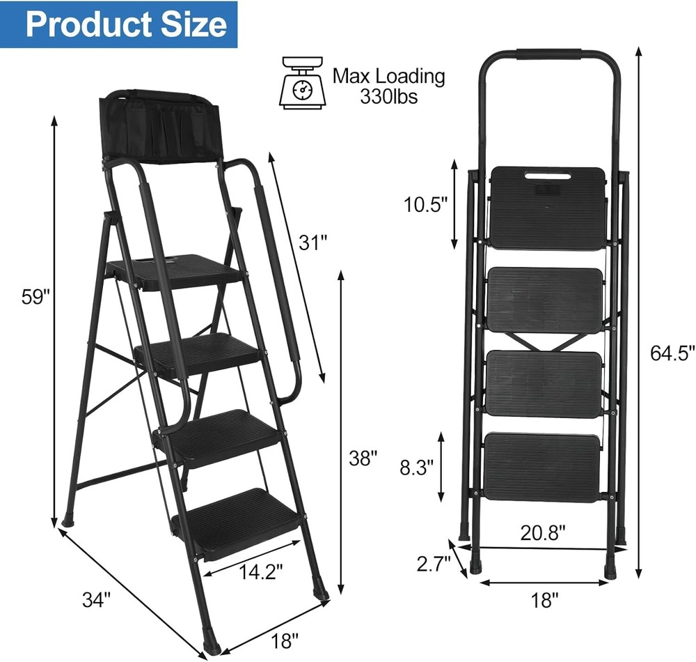 4 Step stool Ladder with Handrails 330 lbs folding Attachable Tool Black