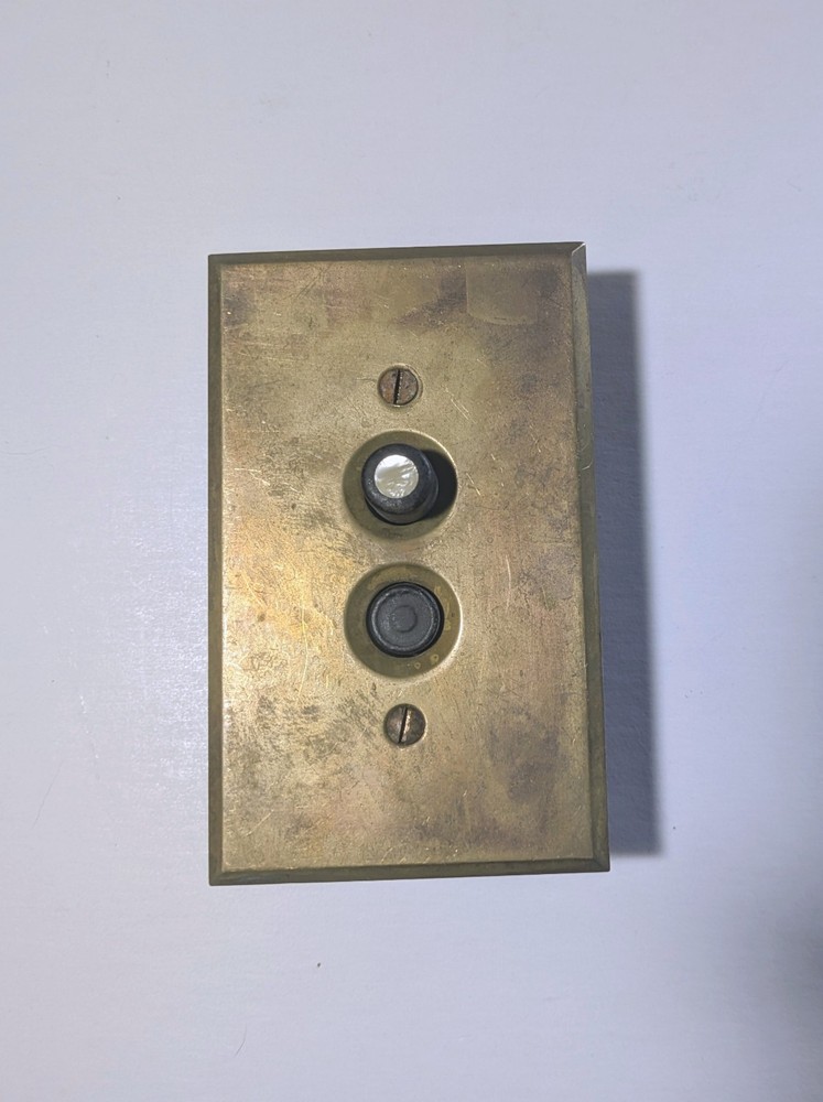 2 BRASS PUSH BUTTON SINGLE POLE LIGHT SWITCHES WITH PORCELAIN INSERTS