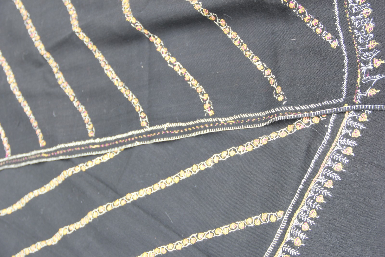 Wool Large Throw/Shawl Black Embroidered Trim and Fringe 76"x25"