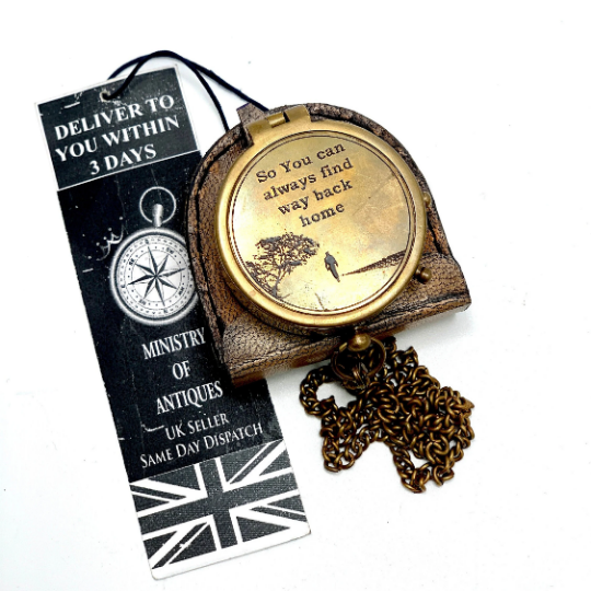 ENGRAVED POCKET COMPASS & KEYCHAIN NAUTICAL HANDMADE COMPASS & LEATHER POUCH