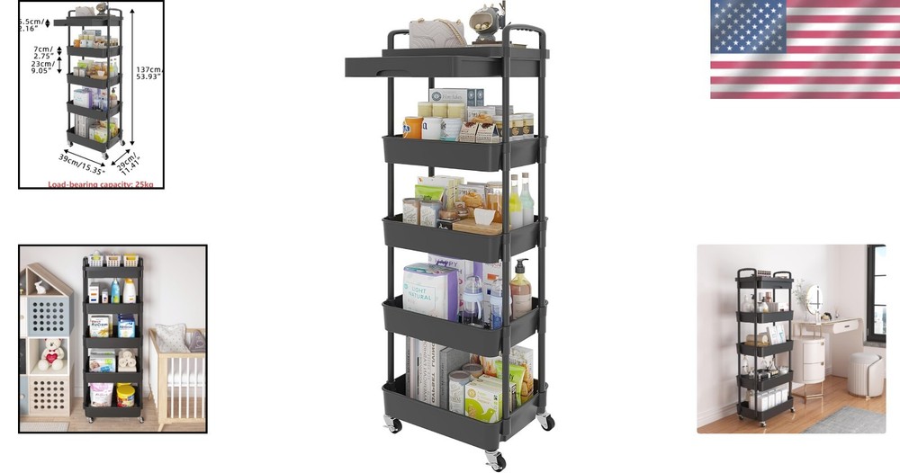 5-Tier Black Rolling Utility Cart with Drawer – Multifunctional Storage Solution