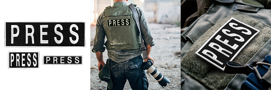 3-Piece Embroidered PRESS Patch for Vests, Jackets, Large & Small, Black & White