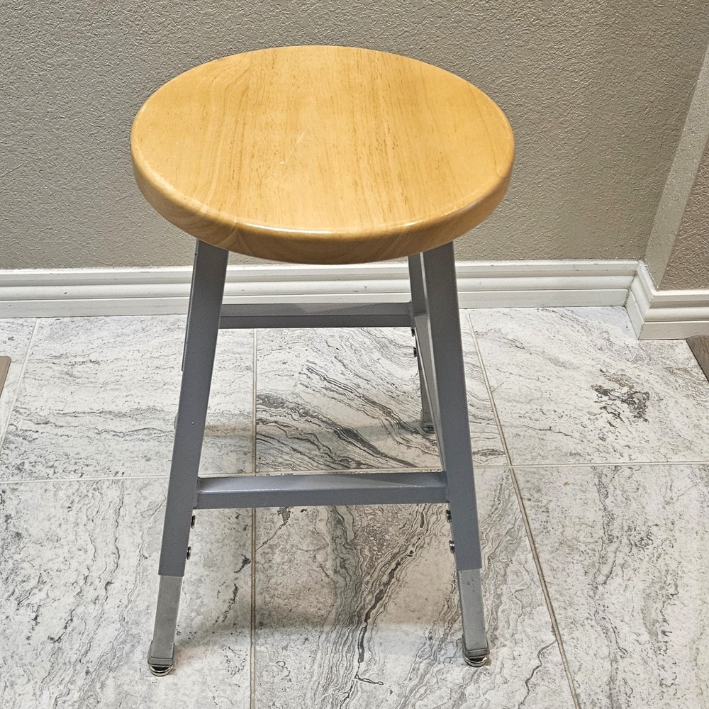 Science Lab Stool, Solid Wood Seat & Steel Frame Adjustable, Gray