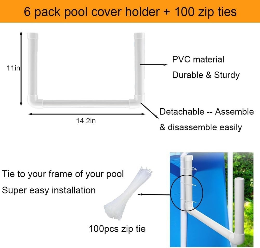 6 Pack Solar Pool Cover Holders for Above Ground Pool - U-Shape PVC Hooks