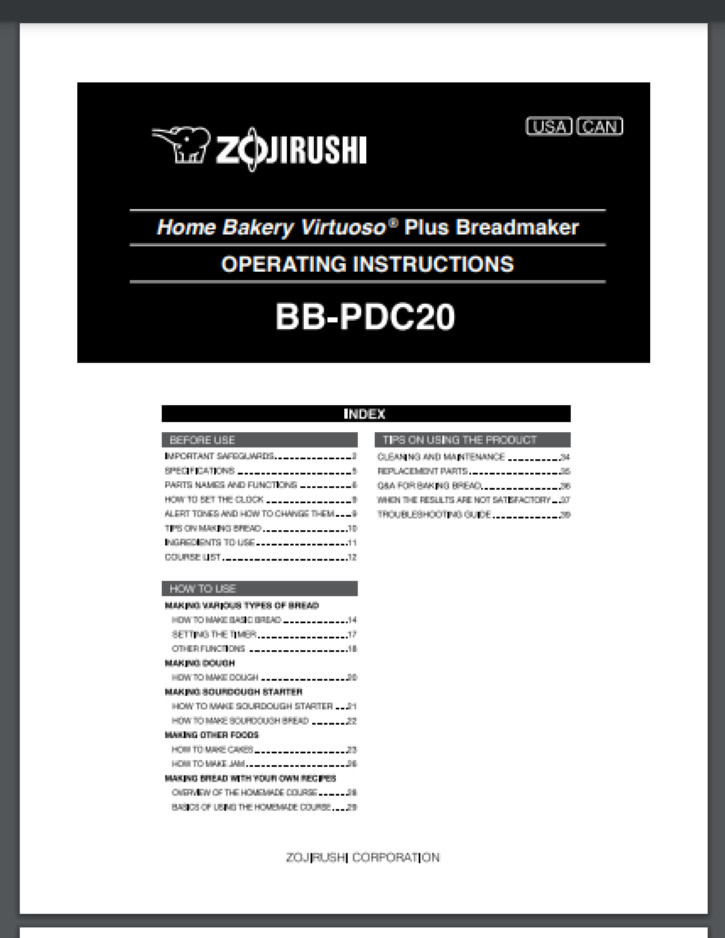 Zojirushi BB-PDC20 Breadmaker Machine Operating instructions 40 pages comb bound