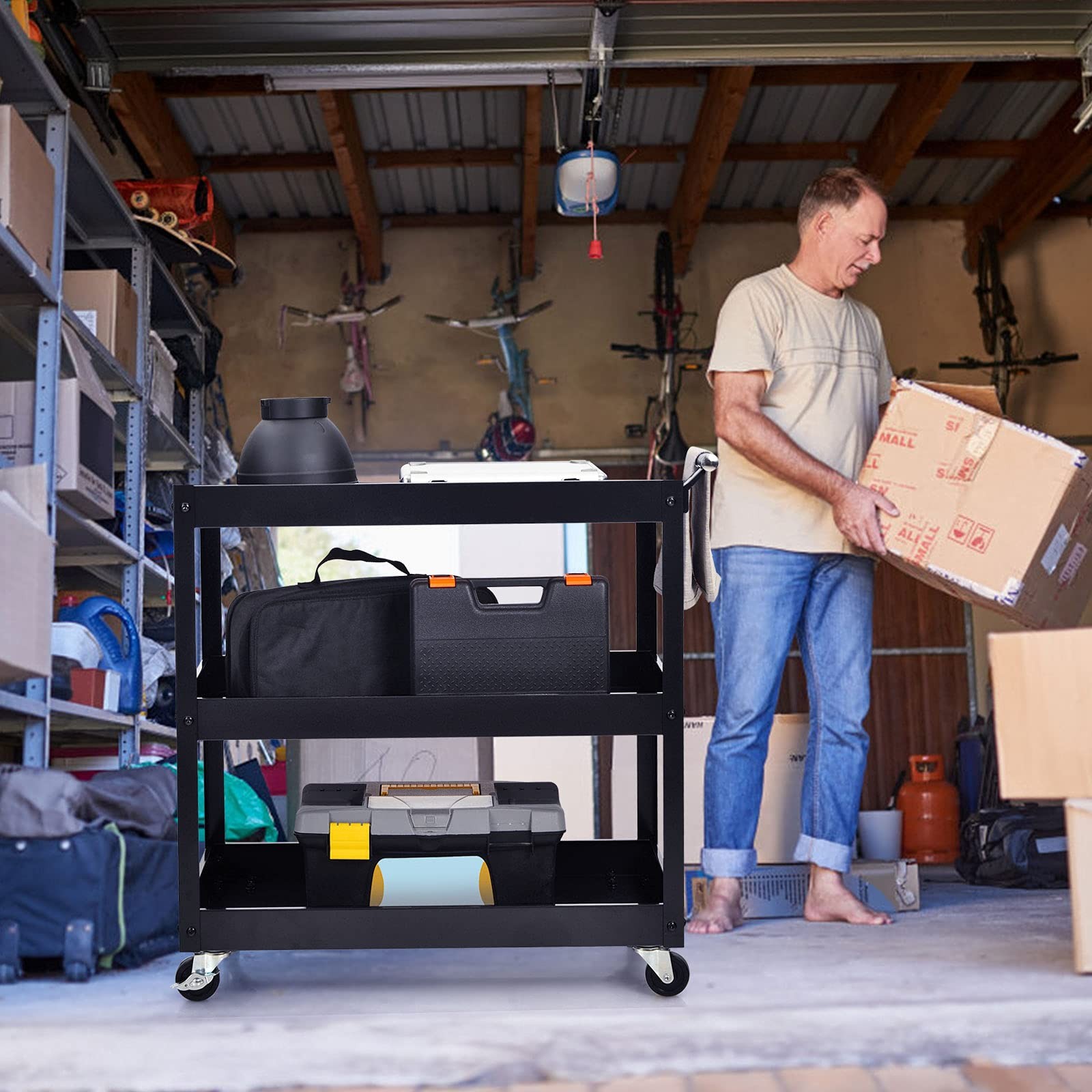 Heavy Duty 3 Tier Metal Rolling Cart 330LBS Capacity with Brake Wheels Black