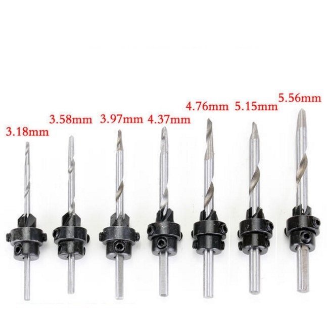 COUNTERSINK DRILL BIT 7pc SET w/CASE Adjustable Depth Stop Collars Woodworking
