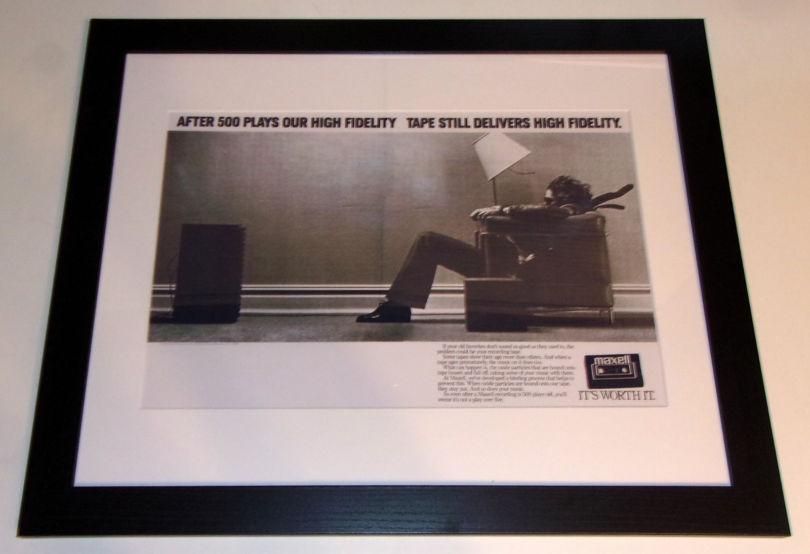 FRAMED Maxell Cassette Tape "BLOWN AWAY" 1982 Ad Poster 23"x20" JBL L100 Speaker