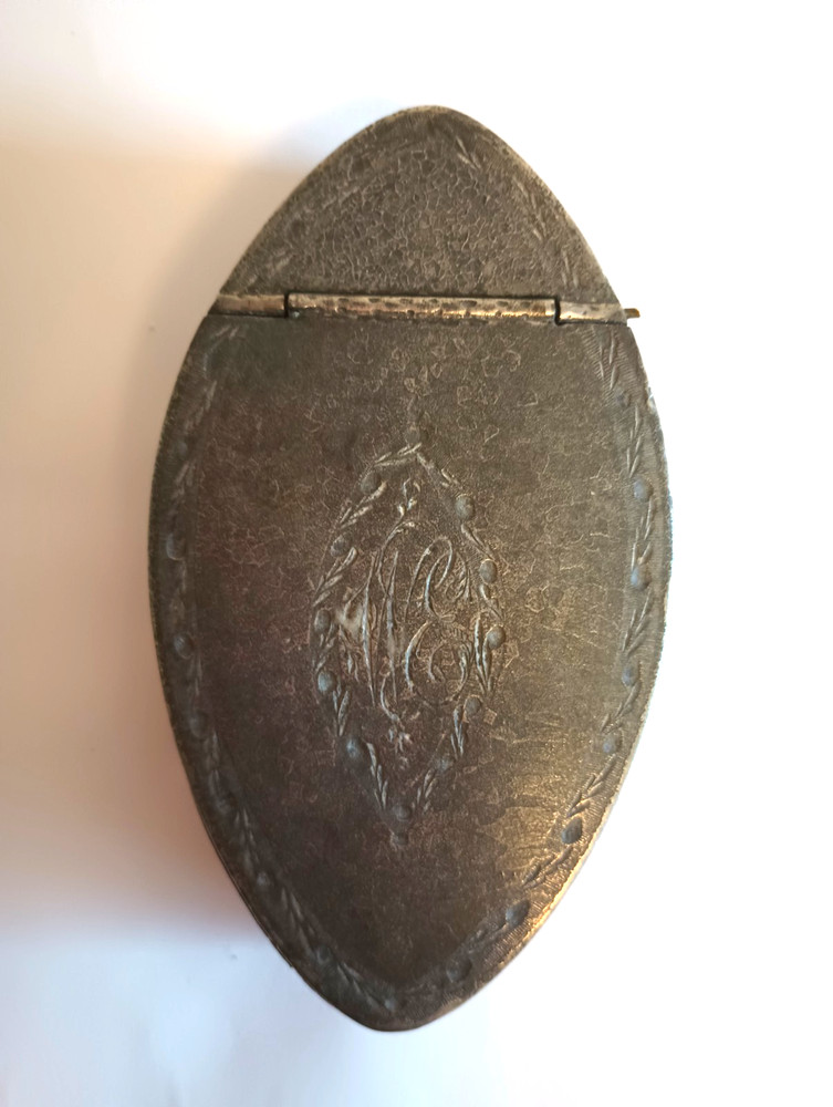 Antique Pewter Snuff Box Hinged Monogram Etched Decorated