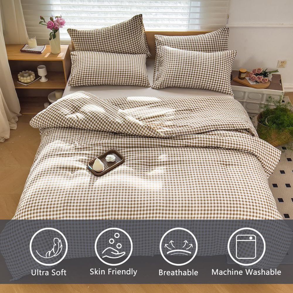 Comforter Set King Size, Tan Gingham Bedding Comforter Sets, Brown Grid Bed Comf