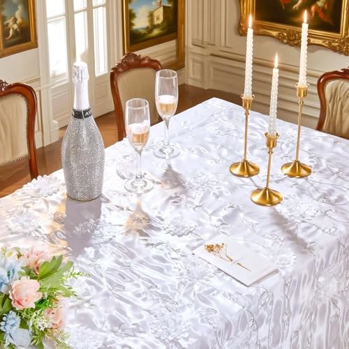 Table Cloth Rectangle Table Cover 3D Rosette 90" x 132" (Rectangular) White