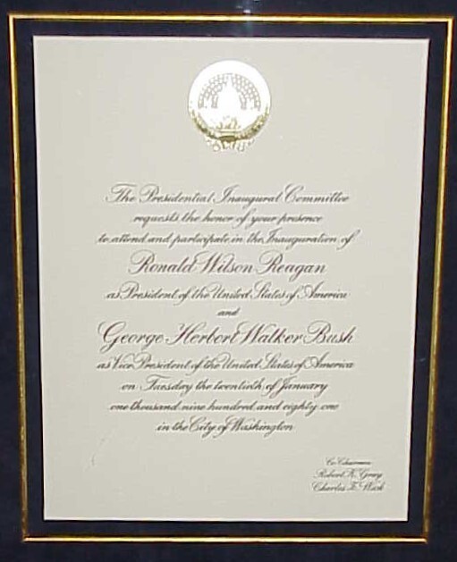 FRAMED INVITATION TO THE INAUGUATION OF PRESIDENT RONALD REAGAN 1/12/81