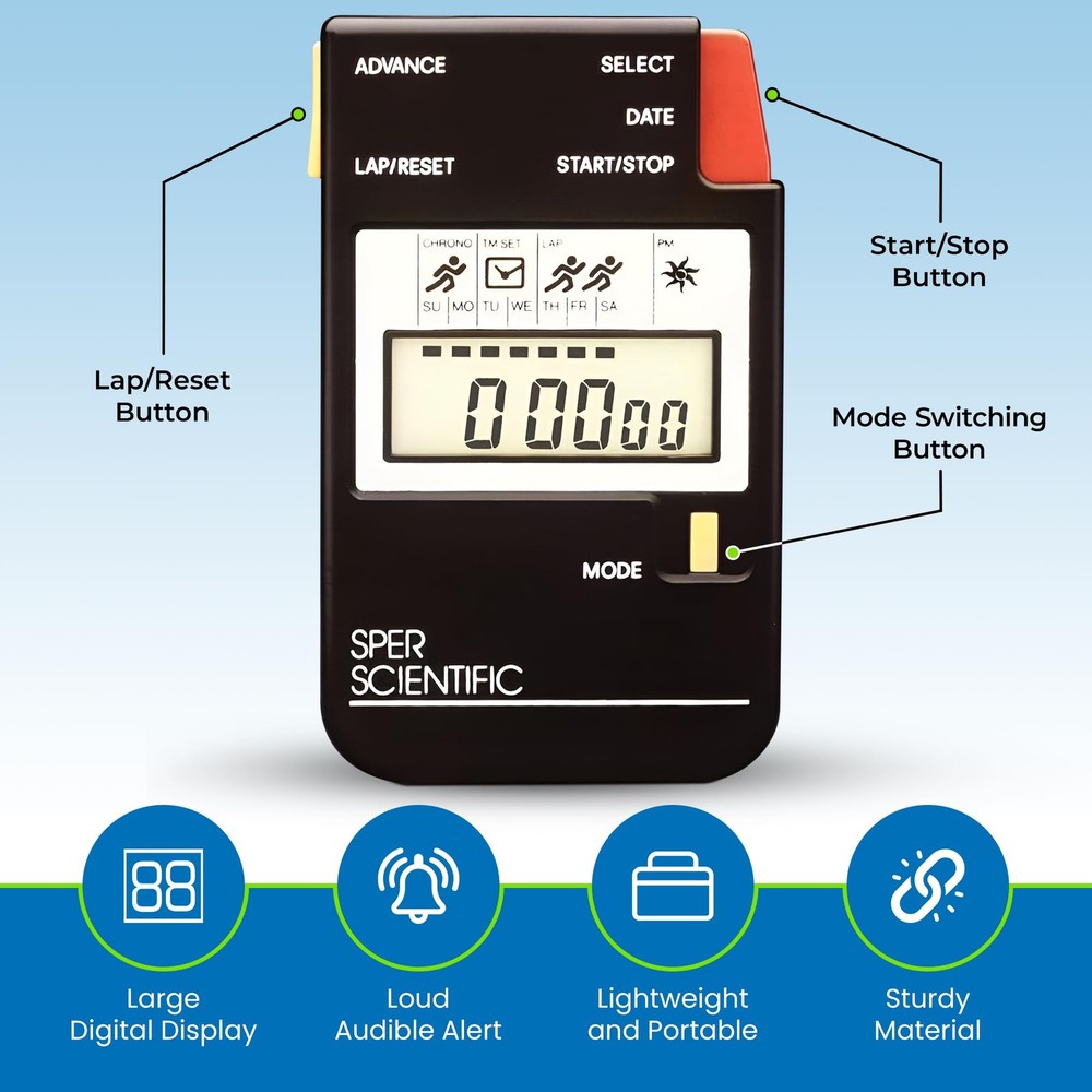 Sper Scientific Large Display Digital Stopwatch with Clock 1 Pack, Black