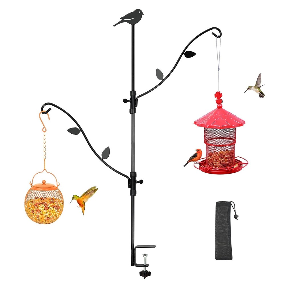 Adjustable Deck Bird Feeder Pole with Multi-Hooks - Black