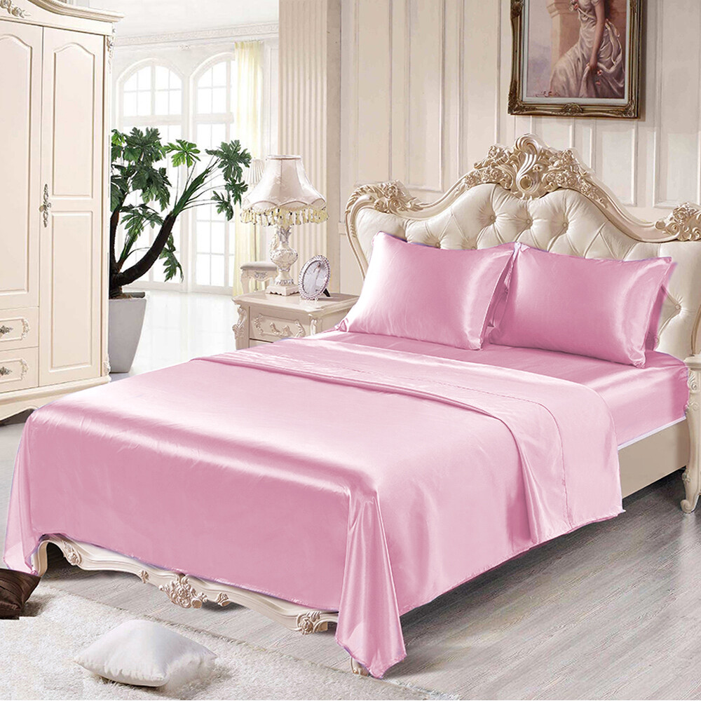 4 Pcs Smooth Satin Silk Sheet Set Deep Pocket Bed Sheet Wrinkle Fade Resistant