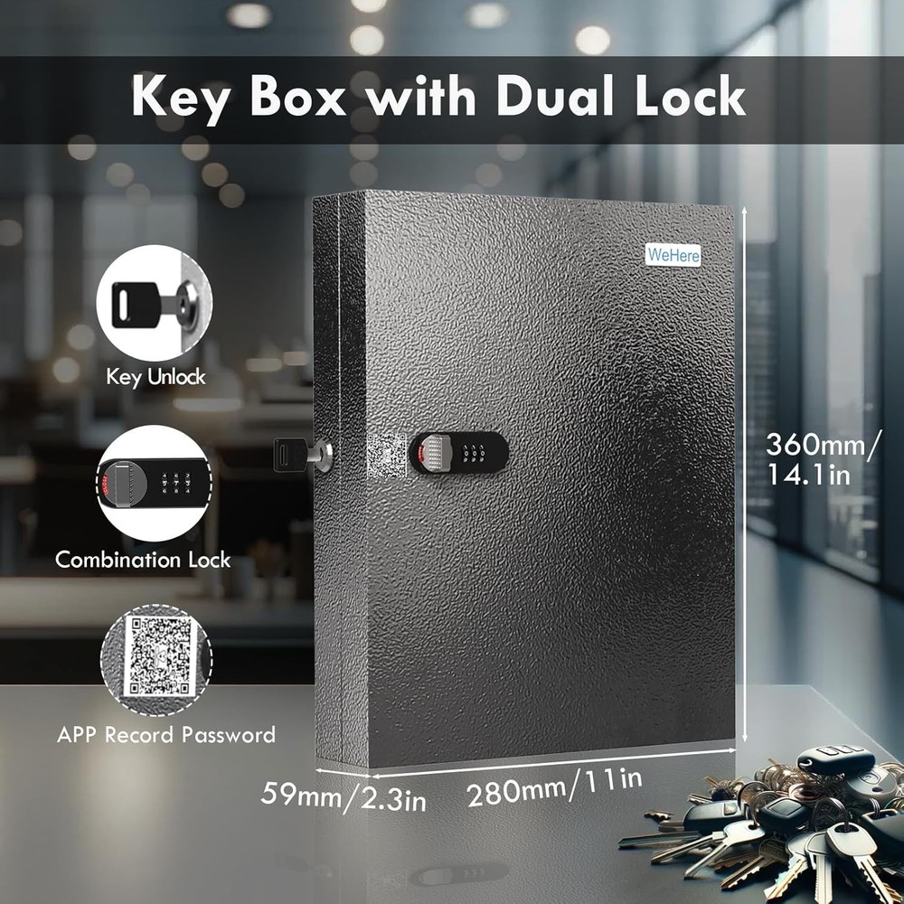 Key Lock Box with Dual Lock 32 Key Cabinet Wall Mount Lockable Secure Storage