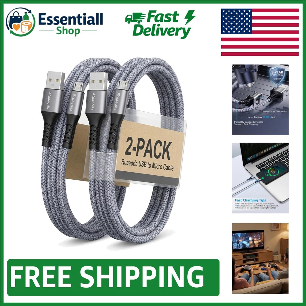 Durable Nylon Braided 6ft Micro USB Cable 2-Pack for Fast Charging Devices