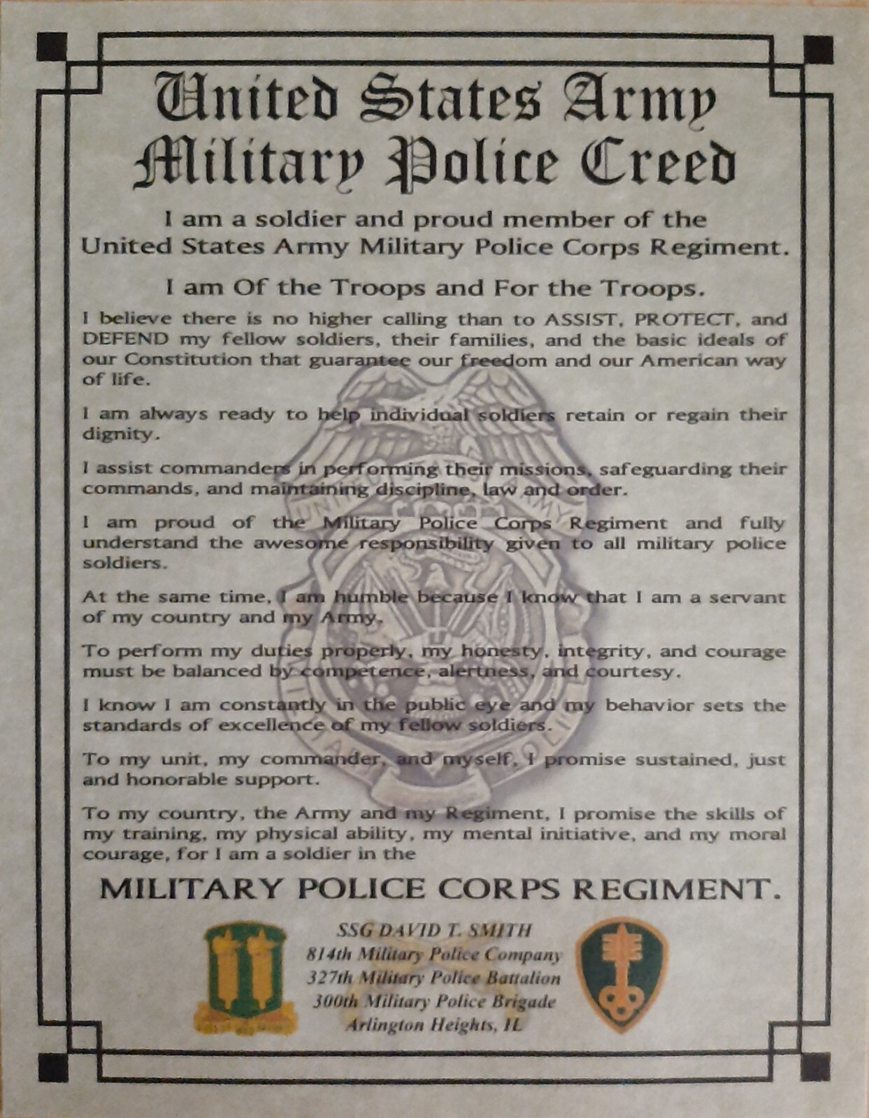 MC-NICE: ARMY Military Police MP Creed ALL UNITS PERSONALIZED