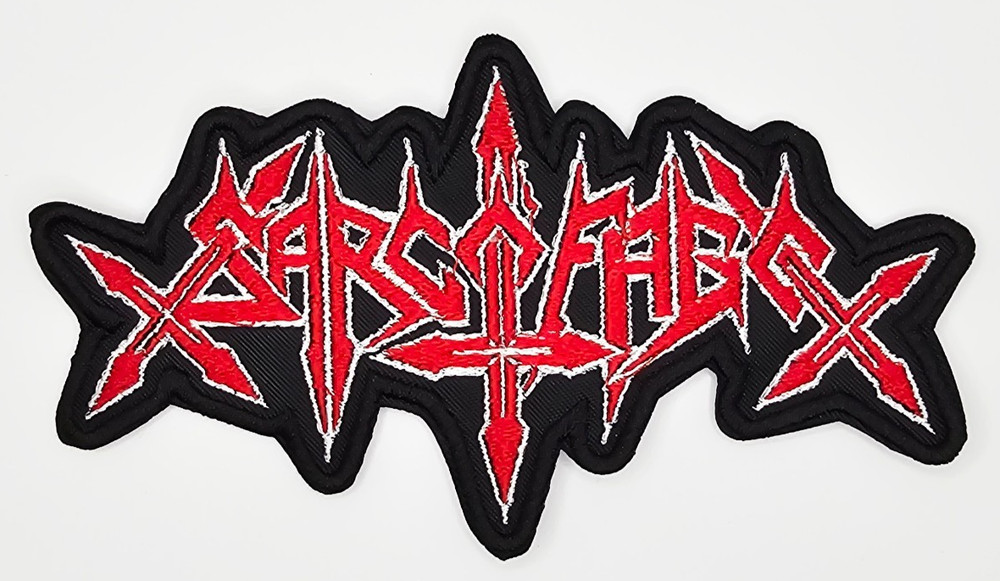 SARCOFAGO RED AND WHITE LOGO SHAPED BORDER EMBROIDERED PATCH