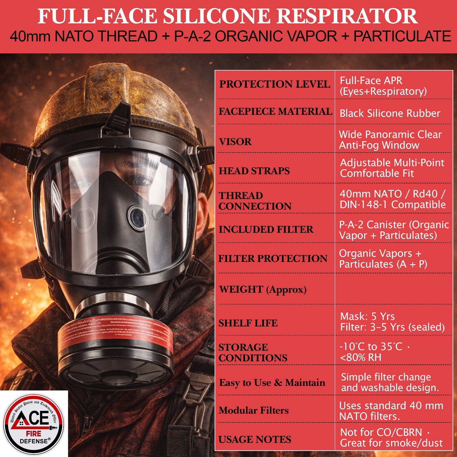 Ace Fire Full Face Respirator Gas Mask | P-A-2 Original NATO Approved Filter