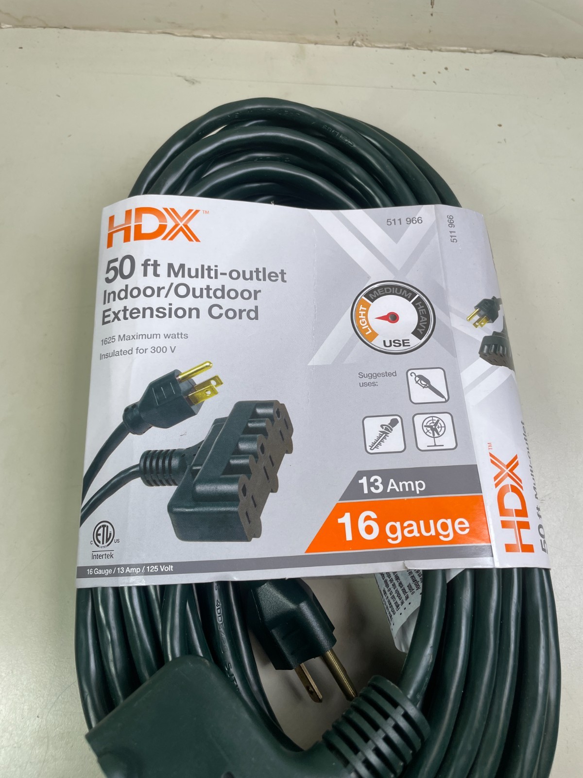 HDX 50 ft. 16/3 Indoor/Outdoor Extension Cord Triple Tap End, 3-Outlet Green