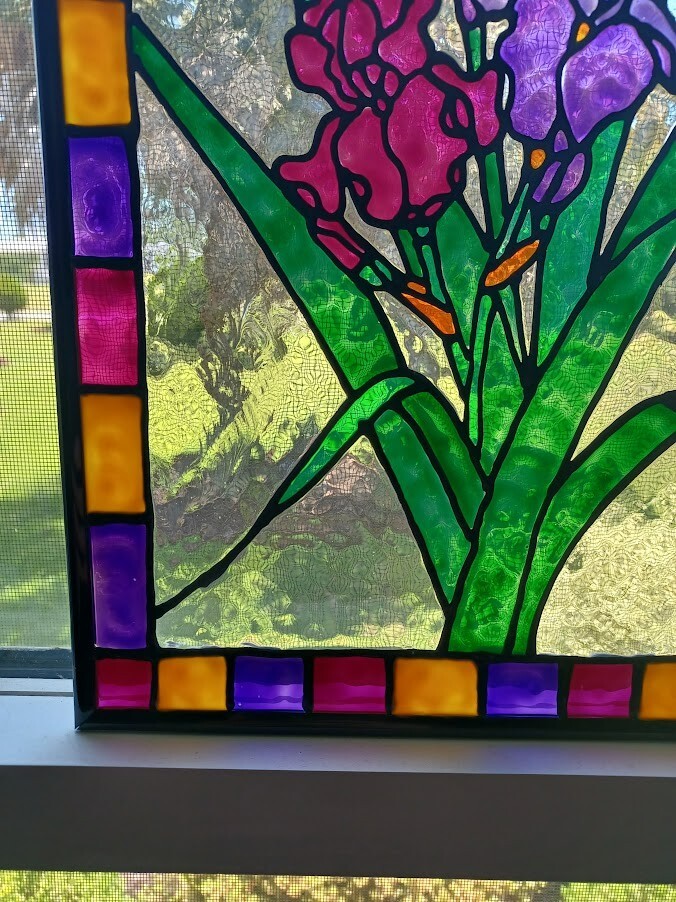 Irises Stained Glass Window Panel Hand Painted