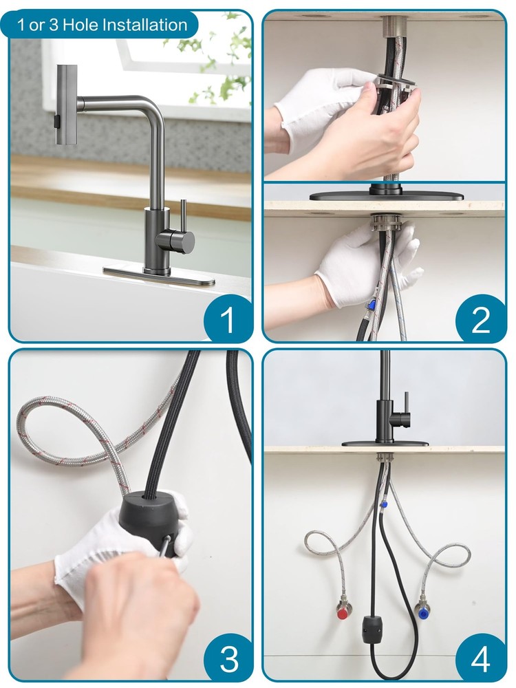 Commercial Stainless Steel Pull-Down Kitchen Faucet, Waterfall 3-Function, Gray
